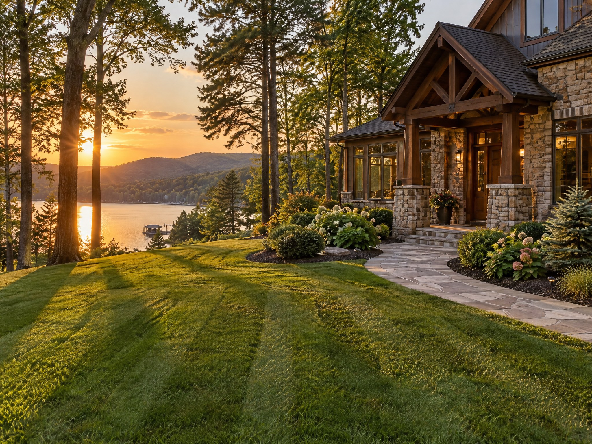 Landscaped lake home at sunset with a manicured lawn and Deep Creek Lake in the background